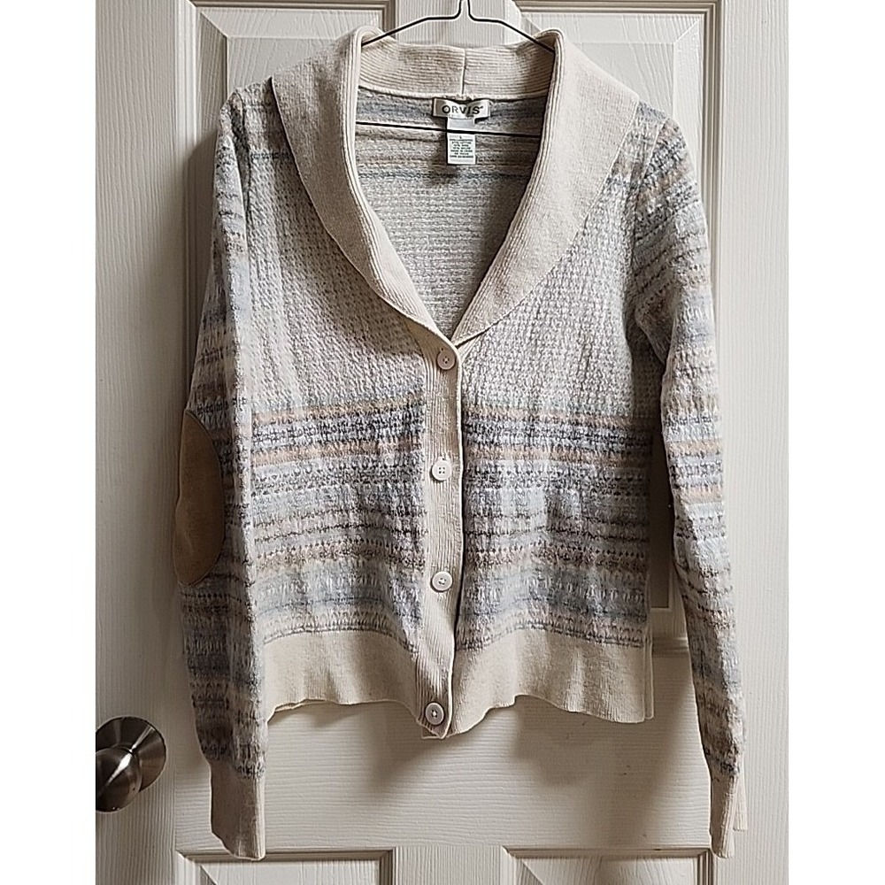 Orvis Womens Sz L Cream Lamb Wool Cardigan Sweater Silver Nordic Buttons